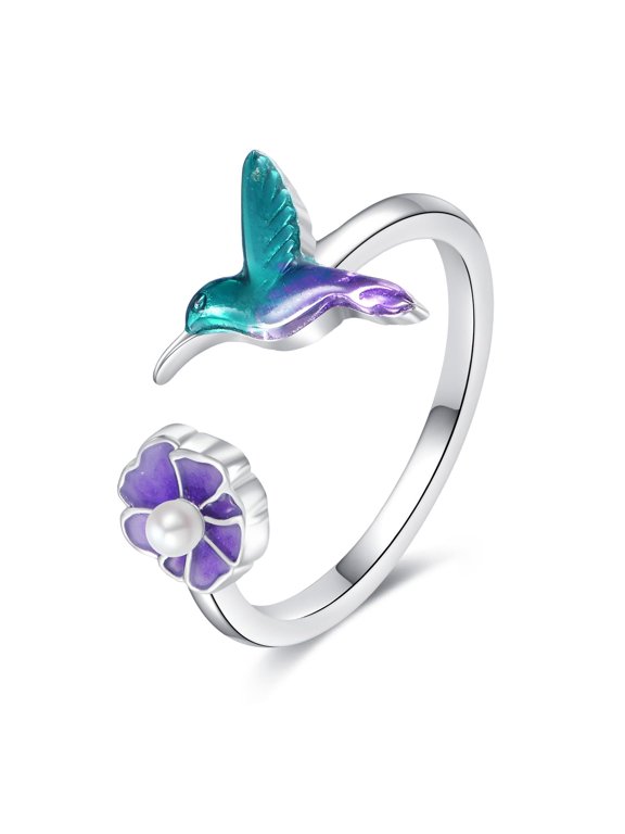 Hummingbird Open Ring S925 Sterling Silver Adjustable Wrap Ring Pearl Flower Jewelry Gifts for Women
