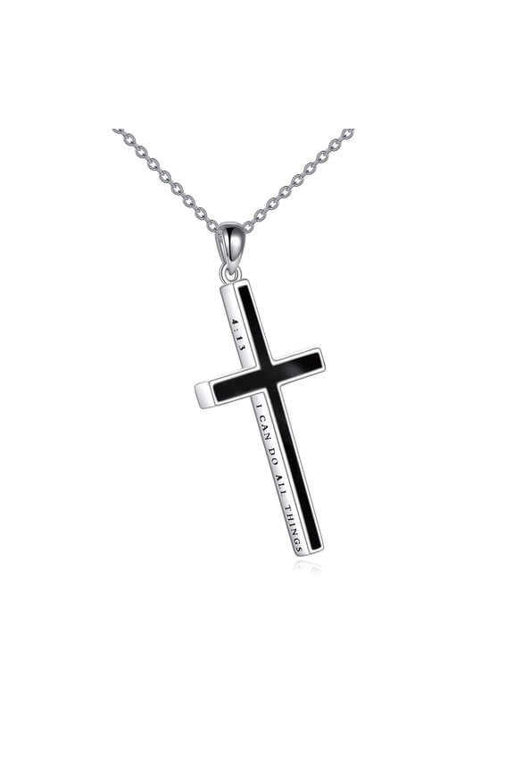 I Can Do All Things Cross Necklace Sterling Silver Black Onyx Cross Pendant Thin Cross Jewelry Gifts for Women Men