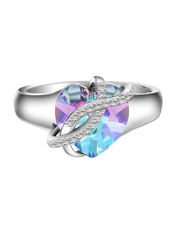 Infinity Heart Ring Sterling Silver Women Ring Embellished with Blue Purple Heart Crystal from Austria, Anniversary Birthday Jewelry Gifts for Women Daughter Mom Grandma Wife(Size 6)