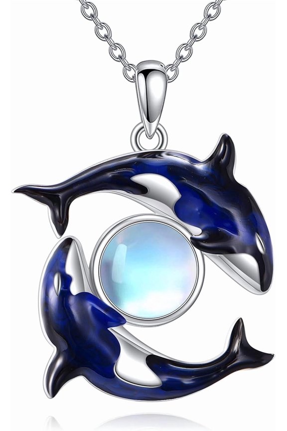 Killer Whale Orca Necklace Sterling Silver Moonstone Pendant Jewelry Gifts for Women