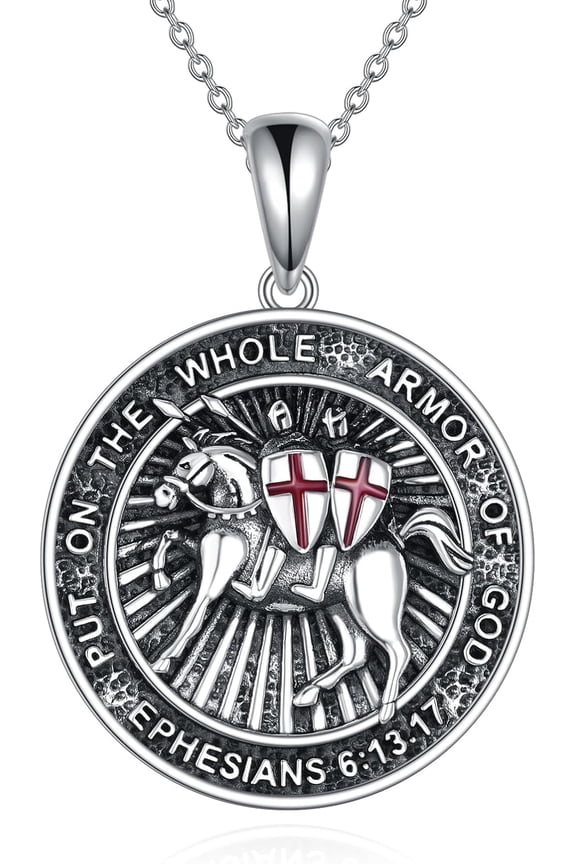 Knight Templar Necklace Sterling Silver Armor of God Pendant Necklace Crusader Cross Knight Templar Jewelry for Women Men Christian Gifts