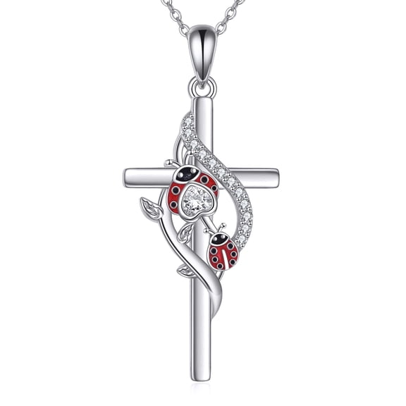 YAFEINI Ladybug Necklace 925 Sterling Silver Cross Pendant Necklace Ladybug Jewelry Gifts for Women Mothers Day Birthday