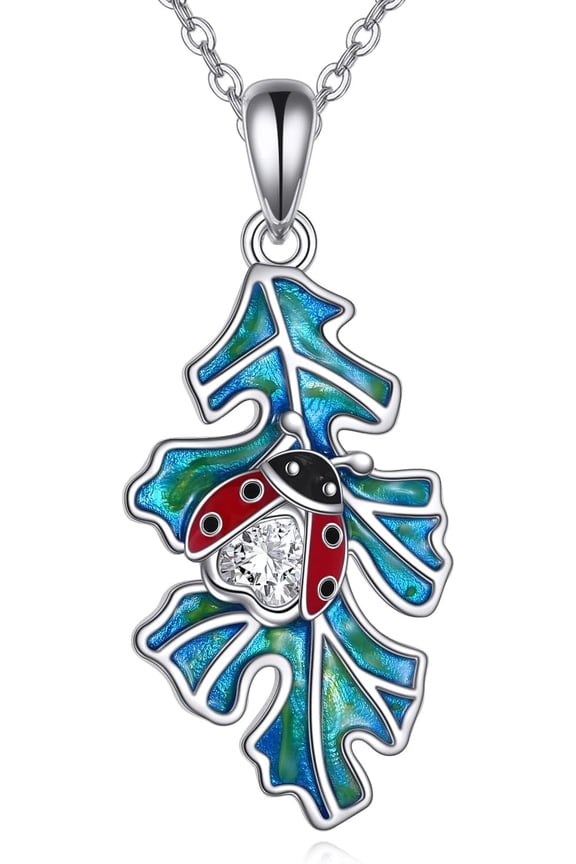 Ladybug Necklace 925 Sterling Silver Oak Leaf Pendant Necklaces Ladybug Good Luck Jewerly Gift for Women