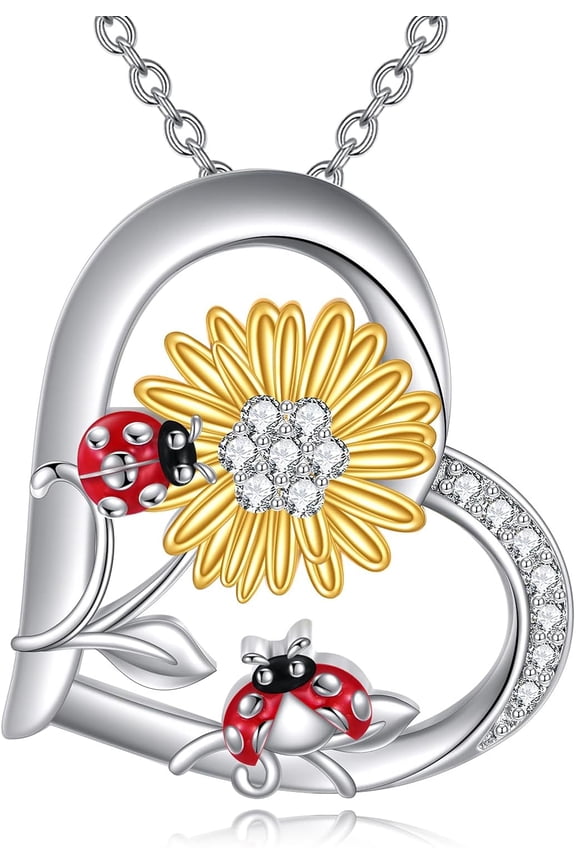 Ladybug Necklace for Women 925 Sterling Silver Sunflower Ladybug Pendant Necklace Animal necklace Ladybug Jewelry for Women