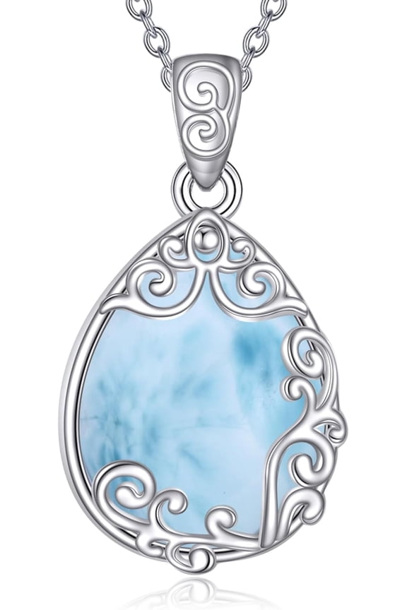 Larimar Pendant Jewelry Necklace Sterling Silver Filigree Irish Celtic Teardrop Natural Gemstone Larimar Pendant Necklace Jewelry Gifts For Women