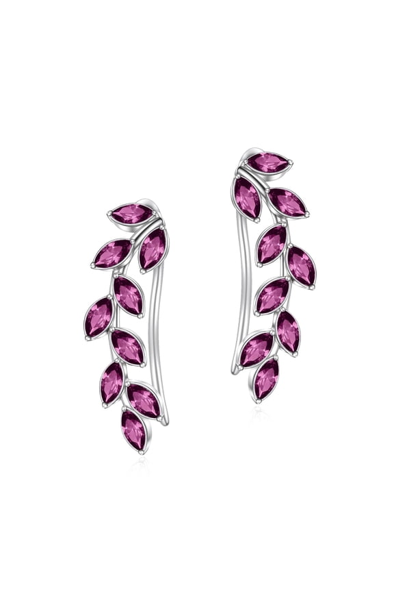 Leaf Ear Climbers Earrings Hypoallergenic 925 Sterling Silver Ear Crawler Cuff Earrings for Sensitive Ears, Made with Simulated Amethyst Birthstone