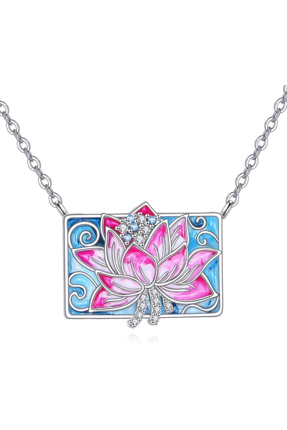 Lotus 925 Sterling Silver Necklace Pink Lotus Flower Pendant Jewelry Gift for Women Christmas Birthday