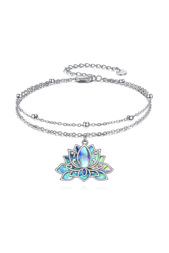 Lotus Flower Bracelet 925 Sterling Silver Lotus Bracelet Abalone Shell Flower Layered Double Chain Women's Jewelry for Wife Mom Yoga Lovers Birthday Christmas