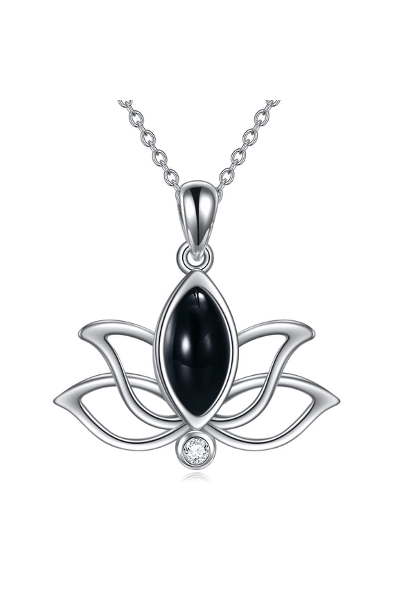 Lotus Flower Pendant Necklace Black Agate Necklace for Women Sterling Silver Lotus Jewelry Gifts for Women (black agate)