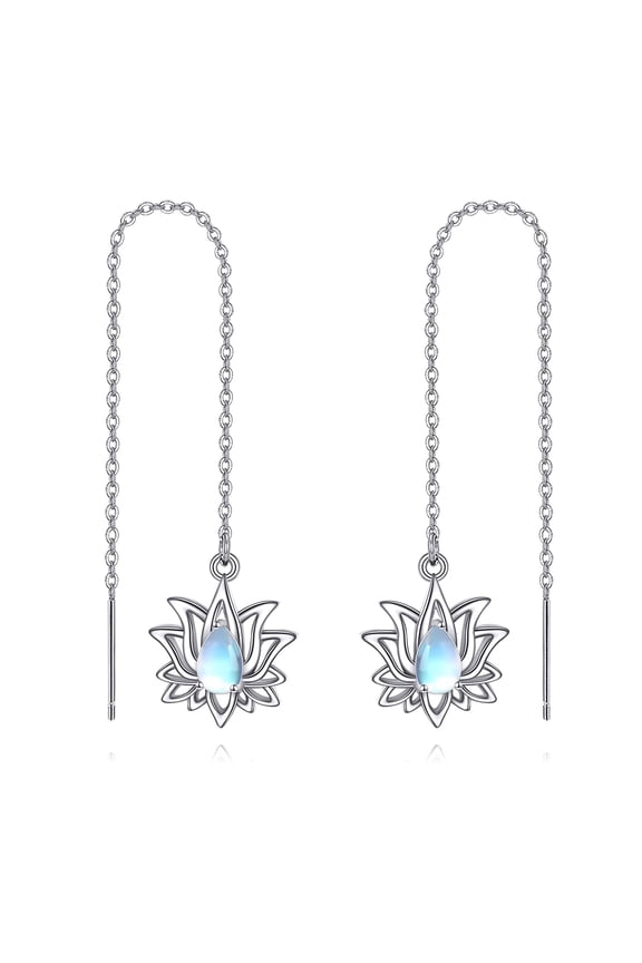 Lotus Moonstone Threader Earrings Sterling Silver Long Chain Dangle Drop Earrings Stud Lotus Flower Fun Jewelry for Women