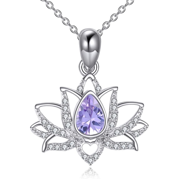 YAFEINI Lotus Necklace Sterling Silver Birthstone Pendant Lotus Jewelry Mothers Day Birthday Gifts for Women (6-June Light Purple)
