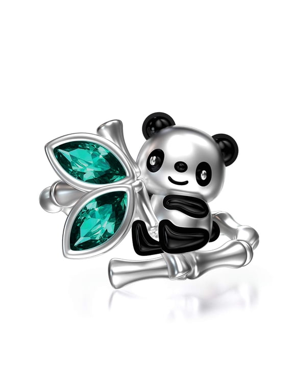 Lovely Panda with Bamboo Ring S925 Sterling Silver Cute Panda Bear Jewelry Gift for Women Panda Lovers, Crystals from Austria, Size 7