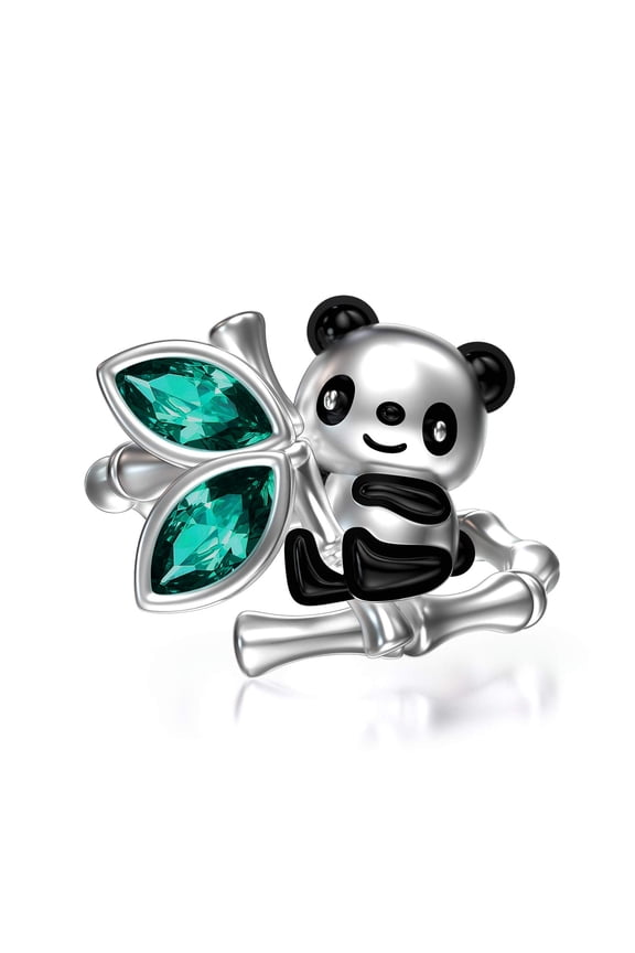 Lovely Panda with Bamboo Ring S925 Sterling Silver Cute Panda Bear Jewelry Gift for Women Panda Lovers, Crystals from Austria, Size 9