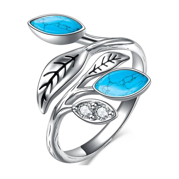 YAFEINI Marquise Shape Turquoise Ring 925 Sterling Silver Open Leaf Ring December Birthstone Rings for Women Christmas Gifts Wife Mothers Day Gifts