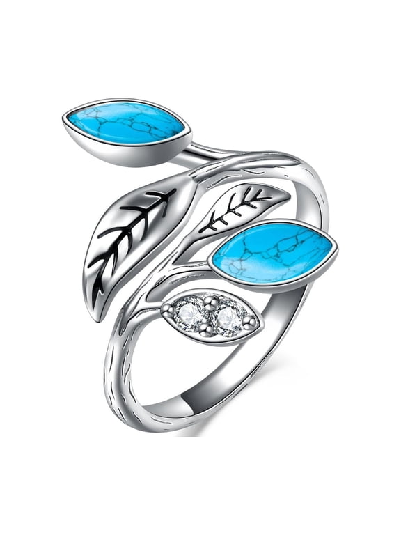 Marquise Shape Turquoise Ring 925 Sterling Silver Open Leaf Ring December Birthstone Rings for Women Christmas Gifts Wife Mothers Day Gifts