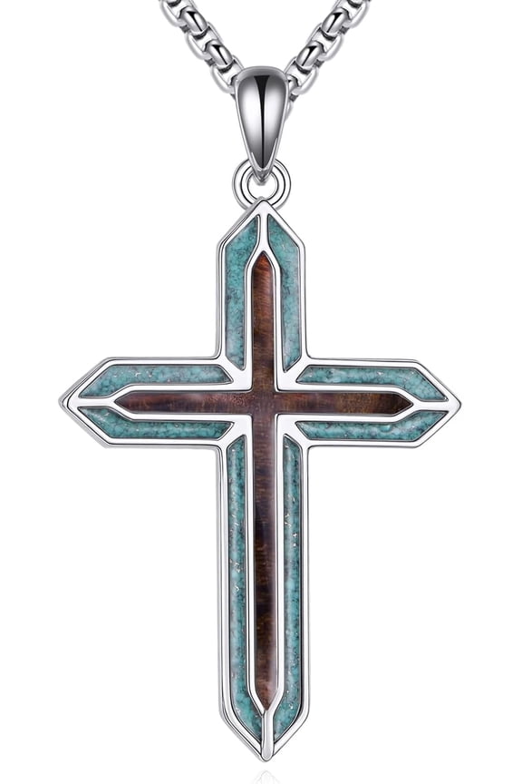 Men Turquoise Cross Necklace 925 Sterling Silver Wood Pendant Religious Jewelry Gifts for Women Men