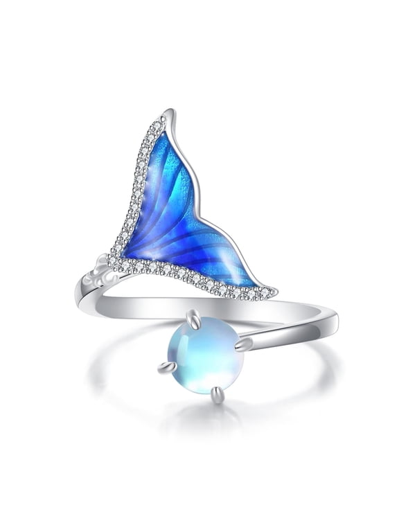 Mermaid Rings 925 Sterling Silver Mermaid Tail Adjuatable Open Ring Moonstone Jewelry for Women
