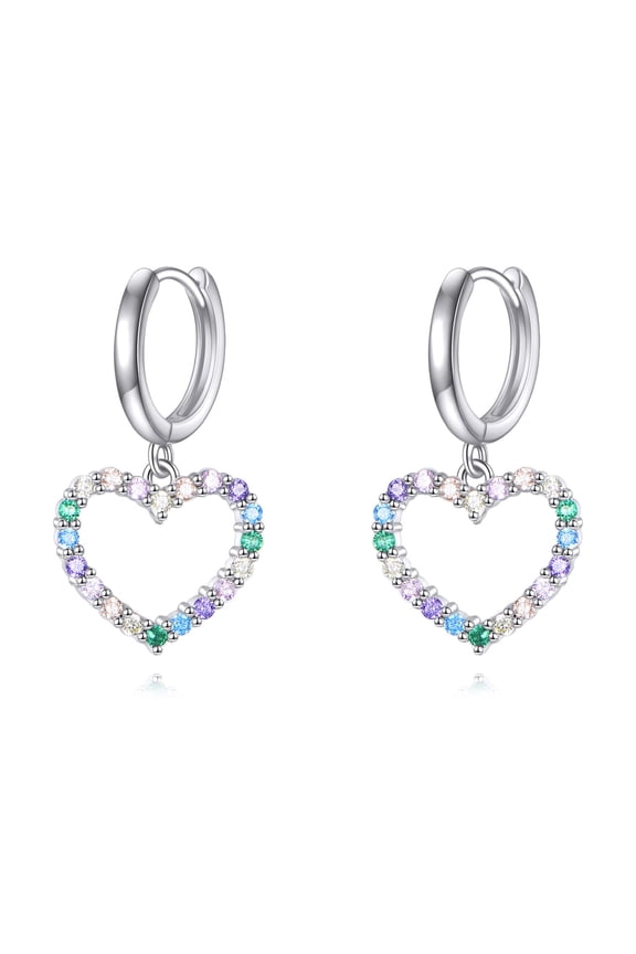 Mini Heart Dangle Earrings 925 Sterling Silver Dainty Colored Cubic Zirconia Heart Drop Dangle Hoop Earrings Jewelry Gifts for Women