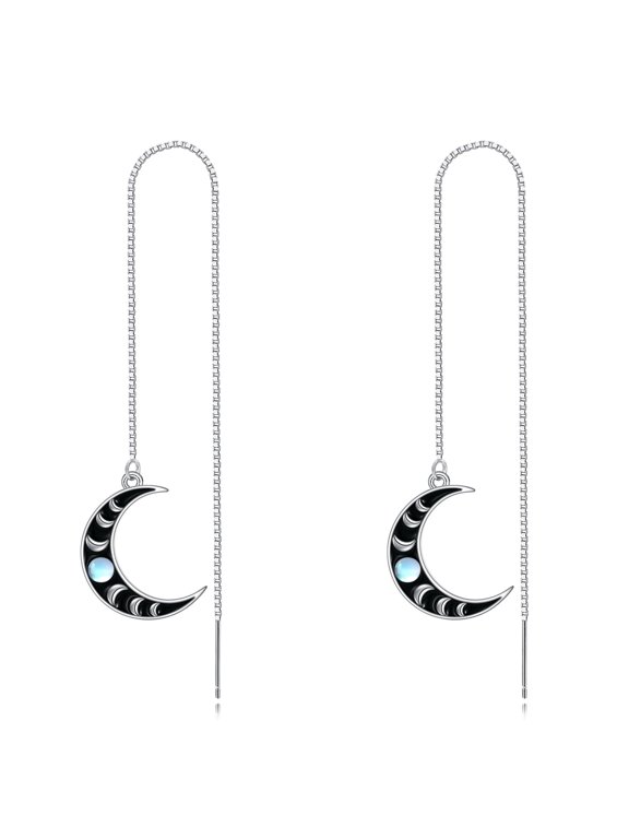 Moon Phase Earrings 925 Moon Threader Earrings Moonstone Long Chain Dangle Drop Pull Through Earrings Jewelry Gift for Women