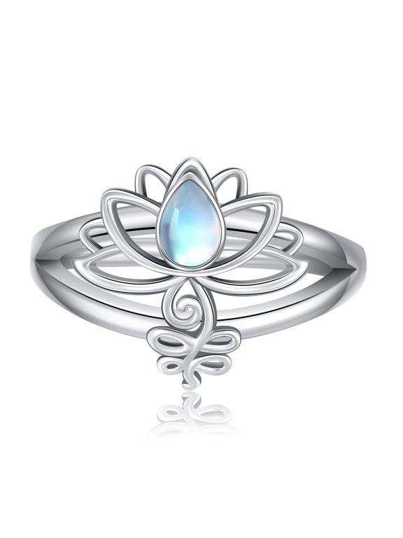Moonstone Lotus Ring 925 Sterling Silver Ring Lotus Ring Band Jewelry Gifts for Women Wife Grandma Mother's Day