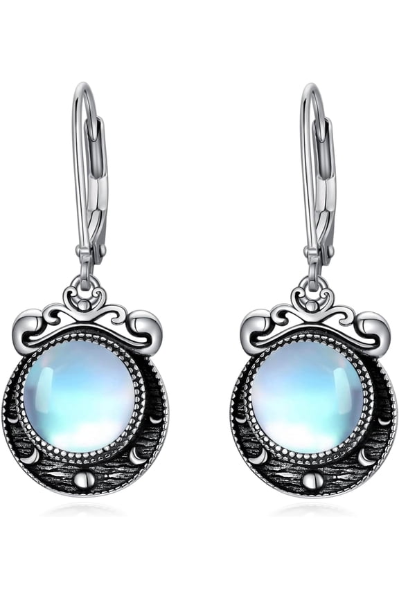 Moonstone Moon Phase Earrings Sterling Silver Crescent Moon Phase Leverback Earrings for Women Dangle Drop Earrings Moon Jewelry Gift for Women