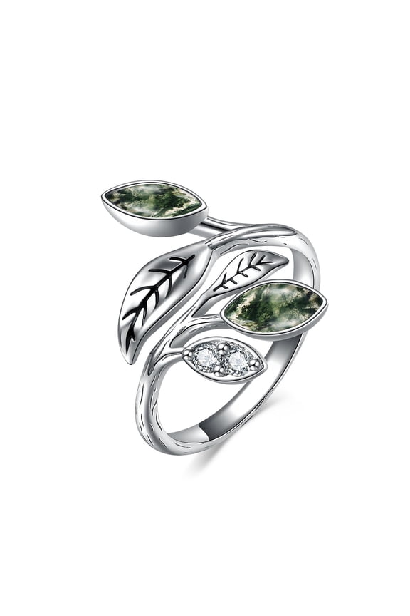Moss Agate Leaf Ring for Women Sterling Silver Adjustable Leaf Rings for Women Christmas Birthday Jewelry Gifts