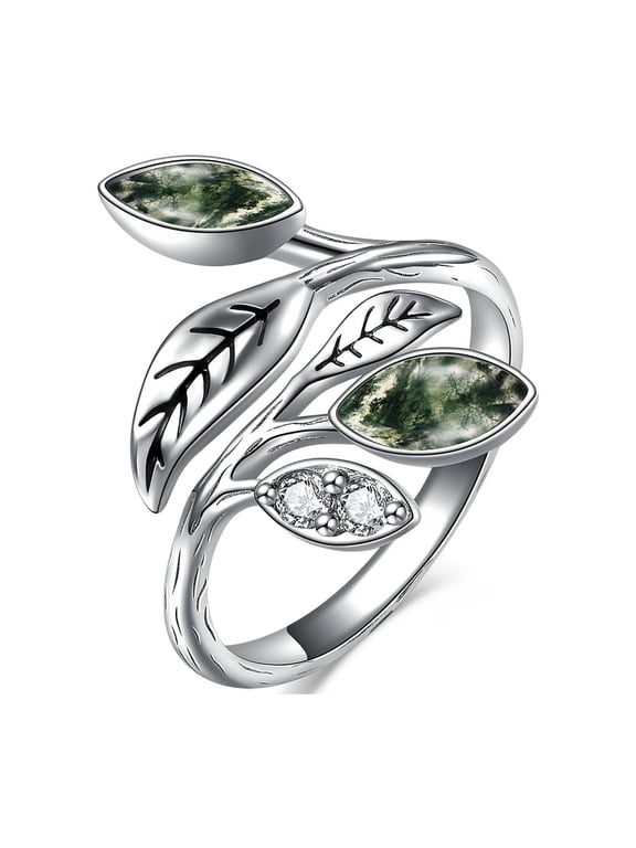 Moss Agate Leaf Ring for Women Sterling Silver Adjustable Leaf Rings for Women Christmas Birthday Jewelry Gifts