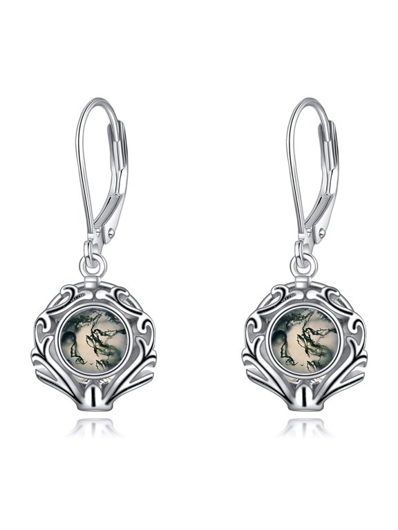 Moss Agate Leverback Earrings Sterling Silver Filigree Dangle Unique Earrings for Women