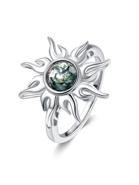 Moss Agate Sun Ring Sterling Silver Sun Ring Moss Agate Sun Jewelry Christmas Birthday Gift for Women Wife