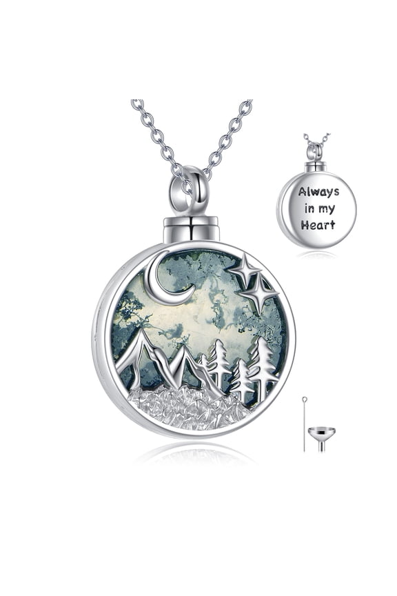 Mounitain Urn Necklace for shes 925 Sterling Silver Cremation Jewelry Urn Pendants for Women Moss Agate Crystal Cremation Necklace Memorial Gifts