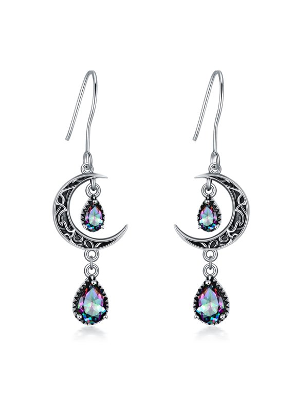 Mystic Topaz Earrings for Women Sterling Silver Celtic Moon Dangle Drop Earrings Rainbow Topaz Dangling Celtic Jewelry Gifts for Women