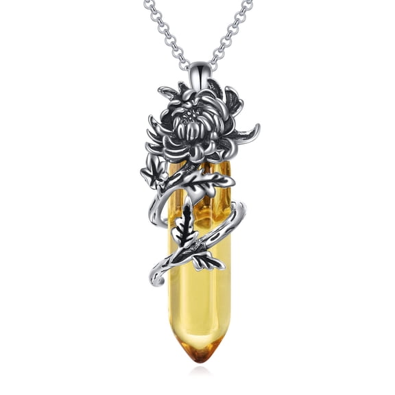YAFEINI November Birth Flower Necklace Jewelry Chrysanthemum with Yellow Quartz Healing Stone Necklace for Women Sterling Silver Gifts for Mom Daughter Birthday (11-November)