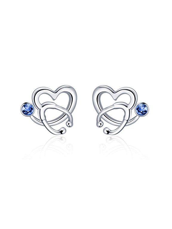 Nurse Earrings Sterling Silver Stethoscope Studs Earrings Simulated Sapphire Blue September Birthstone from Austria, White Coat Ceremony Graduation Jewelry Gifts for Nurse Doctor RN Medical