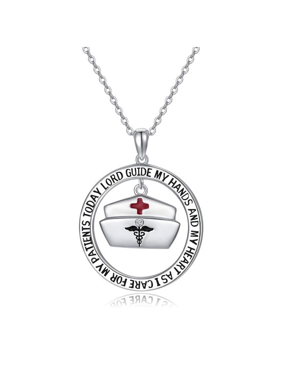 Nurse Gifts for Women 925 Sterling Silver Nurse's Prayer Necklace with Caduceus Angel Nurse Cap Charm, Nursing Graduation Gift for Nurses Medical Student, Crystal from Austria