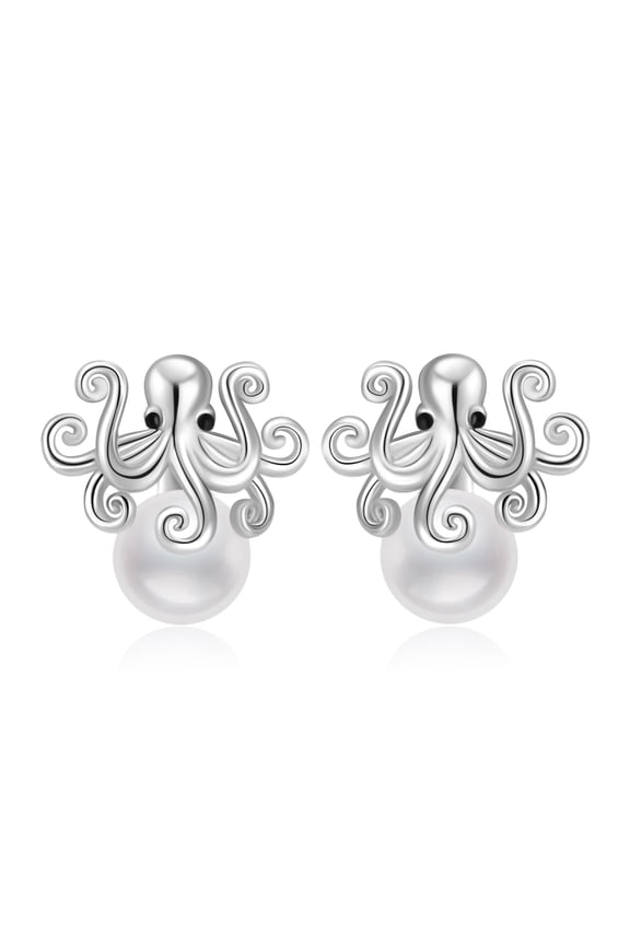 Octopus Women's Sterling Silver Earrings, Pearl Stud Earrings for Mother, Pirate Jewelry Gifts for Birthdays, Anniversaries, for Her
