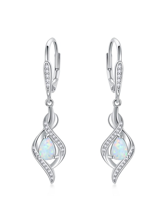 Opal Earrings 925 Sterling Silver White Opal October Birthstone Dangle Drop Dangly Leverback Earrings Valentine's Day Jewelry Gifts for Women