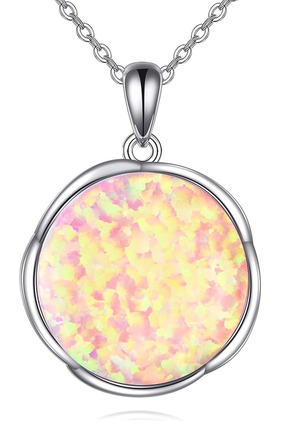 Opal Necklace 925 Sterling Silver Pink Opal Necklace Dainty Round Opal Pendant Necklace Bridal Wedding Jewelry for Women