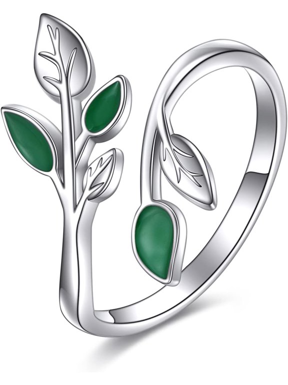 Open Leaf Leaves Enamel Rings Sterling Silver Adjustable Branch Ring Jewelry Gifts for Women Mother