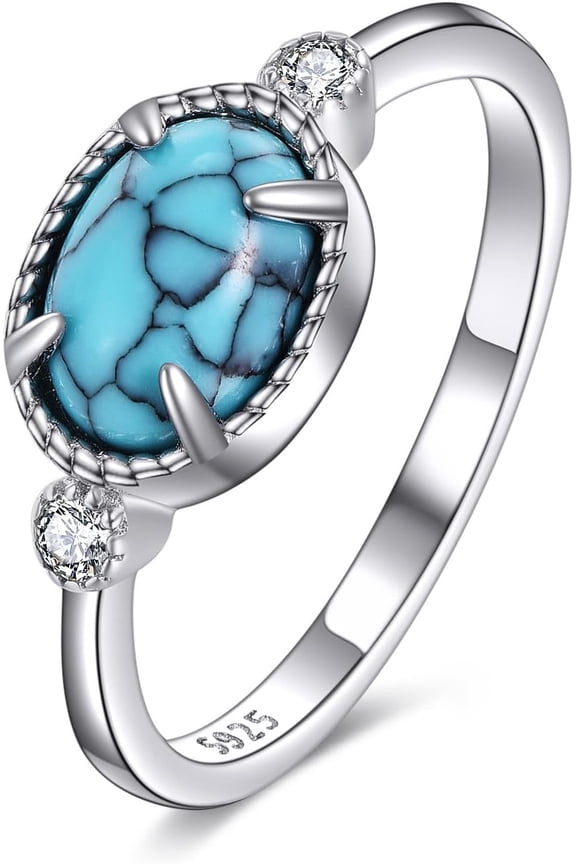 Oral Turquoise Rings for Women 925 Sterling Silver Western Boho Real Turquoise Rings Blue Stone Vintage Style Jewlry Birthday Gift for Wife Mom Valentine's Day Mother's Day(US Size 7)