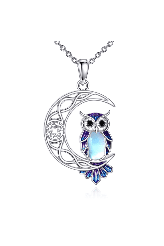 Owl Necklace Sterling Silver Celtic Moon Pendant Moonstone Owl Jewelry Gifts for Women