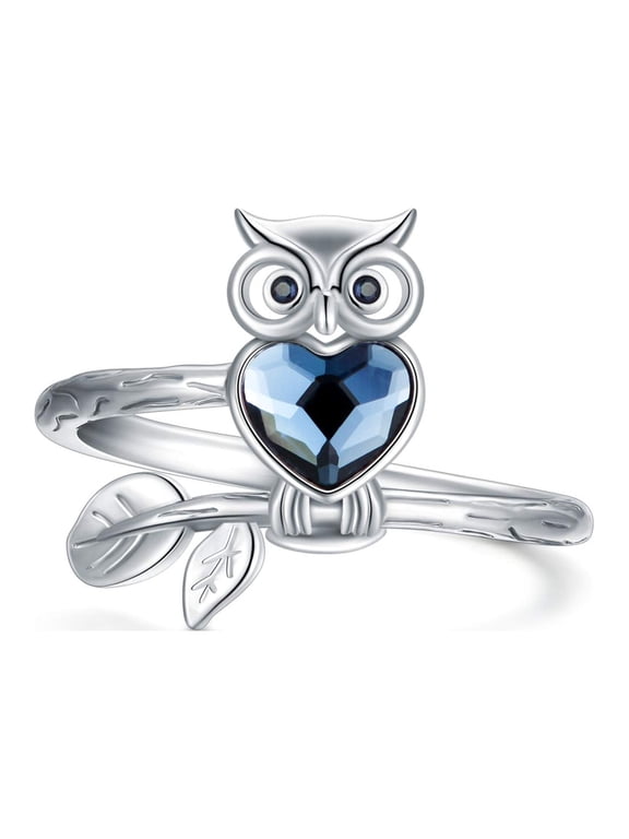 Owl Ring Sterling Silver Midnight Owl Animal Bird Ring Owl Jewelry Gift for Women, Made with Austrian Crystal