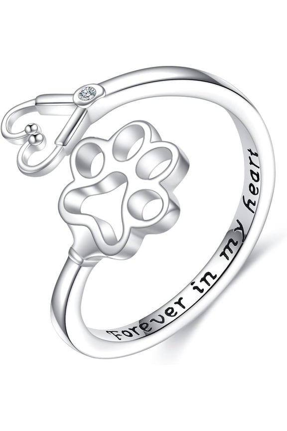 Paw Print Ring for Women 925 Sterling Silver Dog Cat Paw Ring Puppy Lovers Adjustable 6-8 Inches Pet Memorial Jewelry Gift for Pet Loving Friends and Families