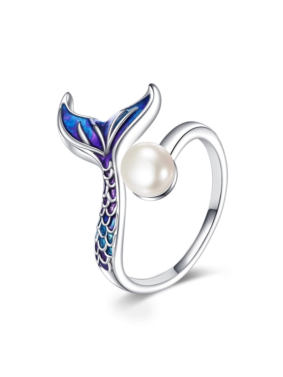 Pearl Mermaid Tail Ring 925 Sterling Silver Mermaid Jewelry Adjuatable Open Ring for Women Ocean Animal Jewelry Birthday Christmas Holiday Gifts
