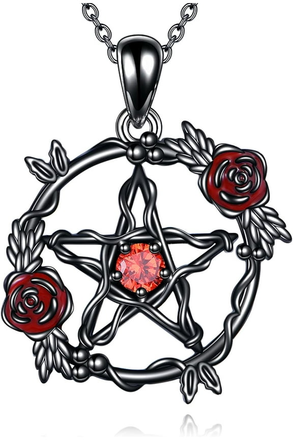Pentacle Necklace Sterling Silver Gothic Pentagram Pendant Rose Flower Pentacle Charm Witch Jewelry for Women Wiccan Jewelry Pagan Gifts