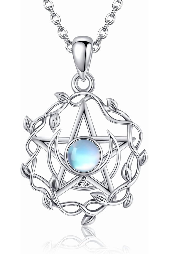 Pentagram Pentacle Necklace Sterling Silver Pentagram Pentacle Moonstone Pendant Necklace Pagan Wiccan Jewelry for Women Gifts