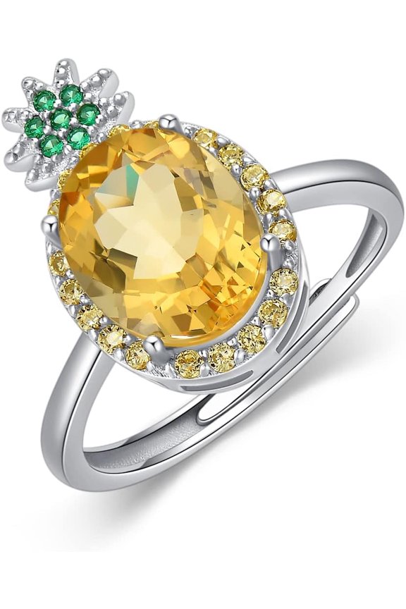 Pineapple Citrine Rings Fruit Purple Crystal Rings 925 Sterling Silver Birthstone Ring Adjustable Size 7 Rings for Women