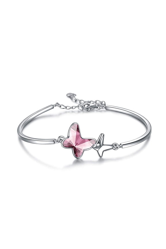 Pink Butterfly Bangle Sterling Silver Morpho Helena Butterfly Bangle Embellished with Crystals from Austria, Anniversary Birthday Butterfly Jewelry Gifts for Women Lovely Ladies