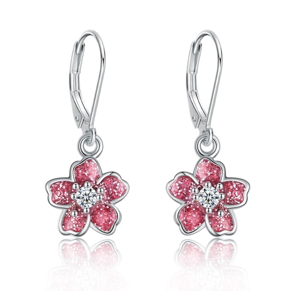 YAFEINI Pink CWomenry Blossom Earrings for Women 925 Sterling Silver Flower Leverback Earrings
