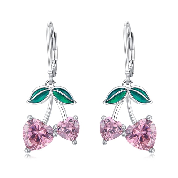 YAFEINI Pink Cherry Earrings 925 Sterling Silver Cherry Dangle Earrings Hypoallergenic Heart Cubic Zirconia Cherry Jewelry Valentine's Day Birthday Gifts for Women