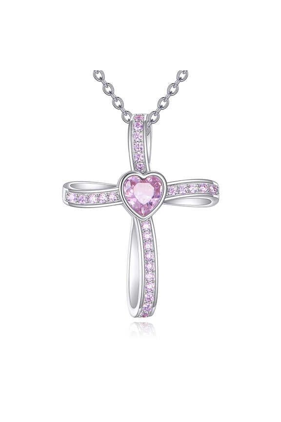 Pink Cross Necklace for Women 925 Sterling Silver Cross Pendant Necklace Pink Zircon Heart Pendant Religious Jewelry Gifts for Mother Wife